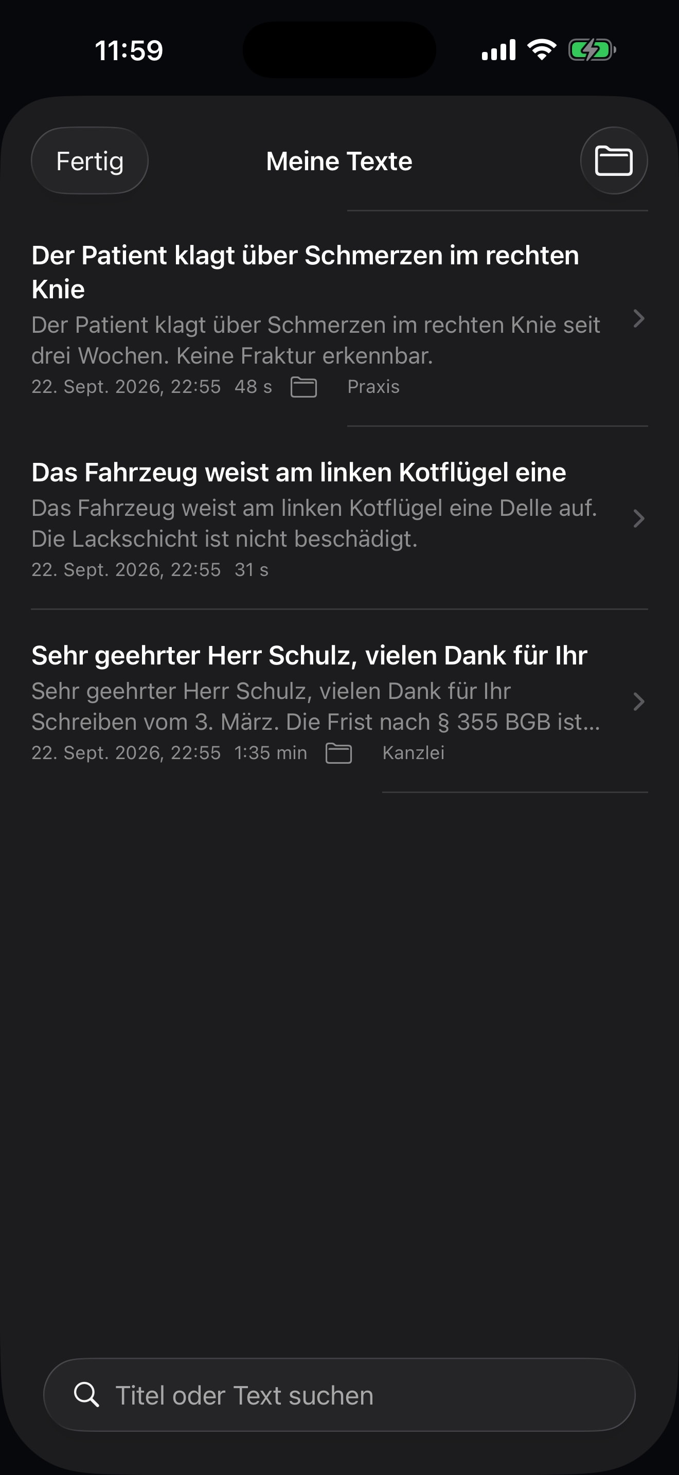 Lokale Ablage mit benannten und gespeicherten Texten sowie Volltextsuche.