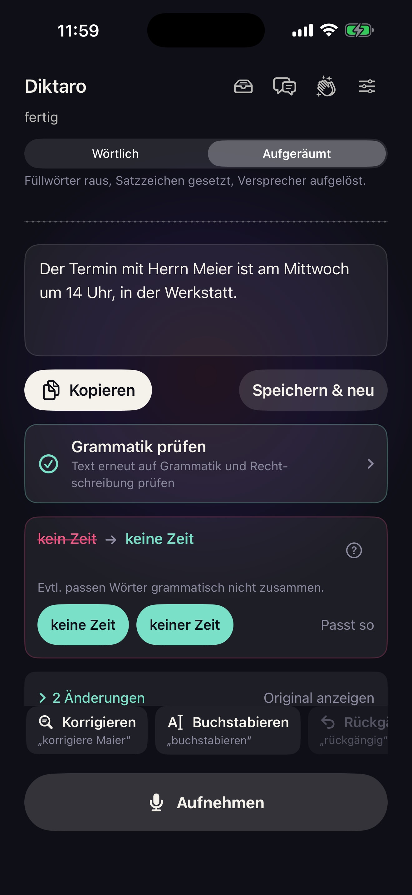 Diktaro zeigt den erkannten Text, Grammatikvorschläge und zwei nachvollziehbare Änderungen.