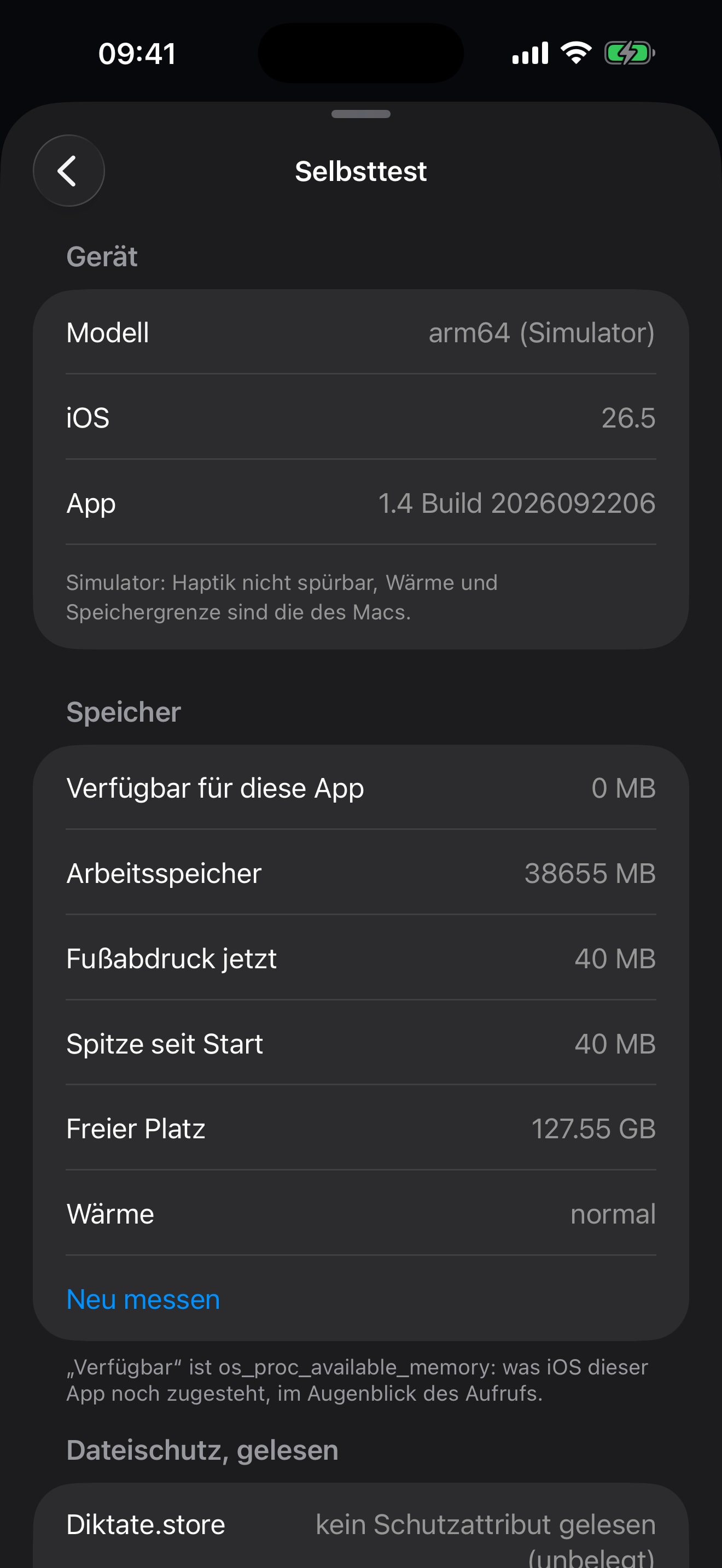 Selbsttest der Diktaro-Version 1.4 mit Angaben zu Gerät, Speicher und Datenschutz.