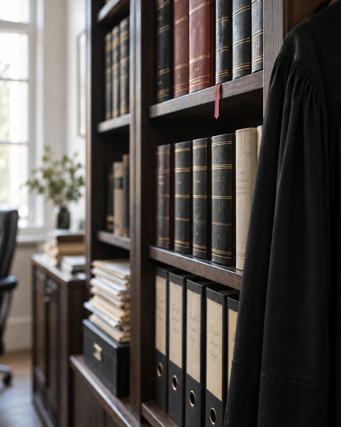 Bücherregal einer Kanzlei mit gebundenen Kommentaren und einer Robe.