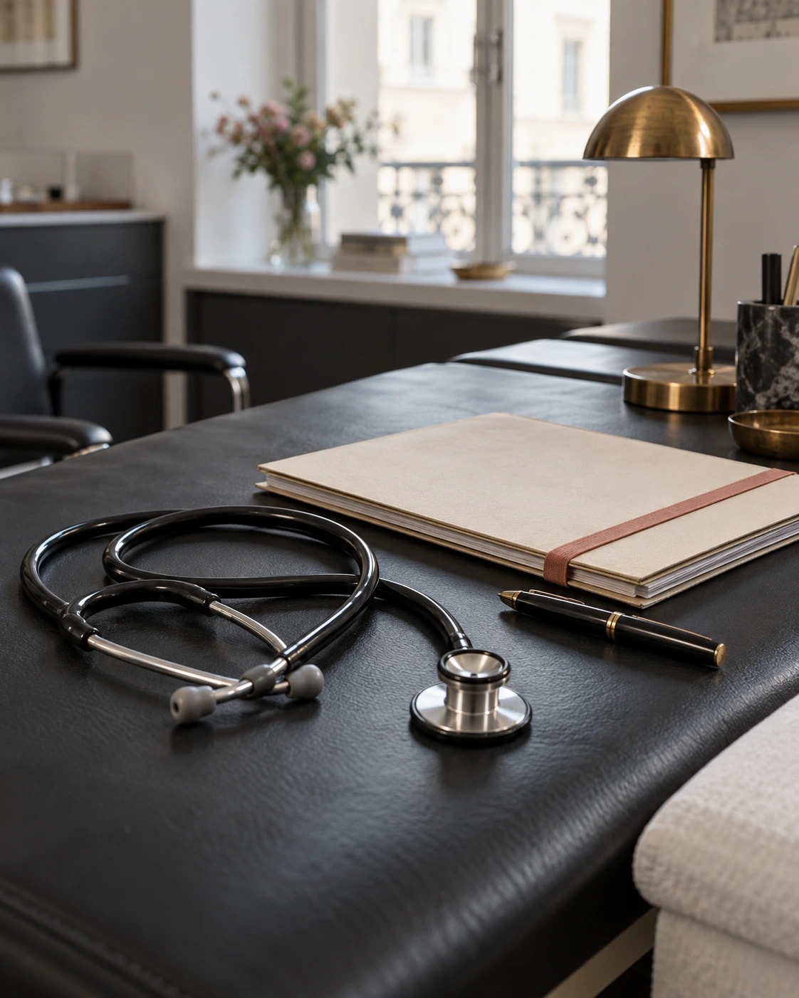 Stethoskop und Patientenmappe auf einer Untersuchungsliege.