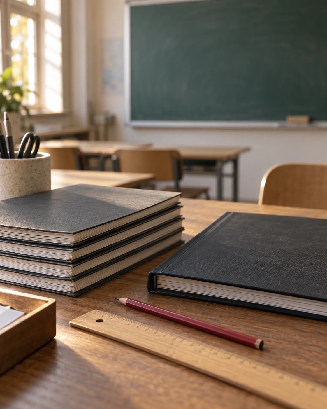 Hefte, Klassenbuch, Lineal und Bleistift auf einem Lehrerpult.