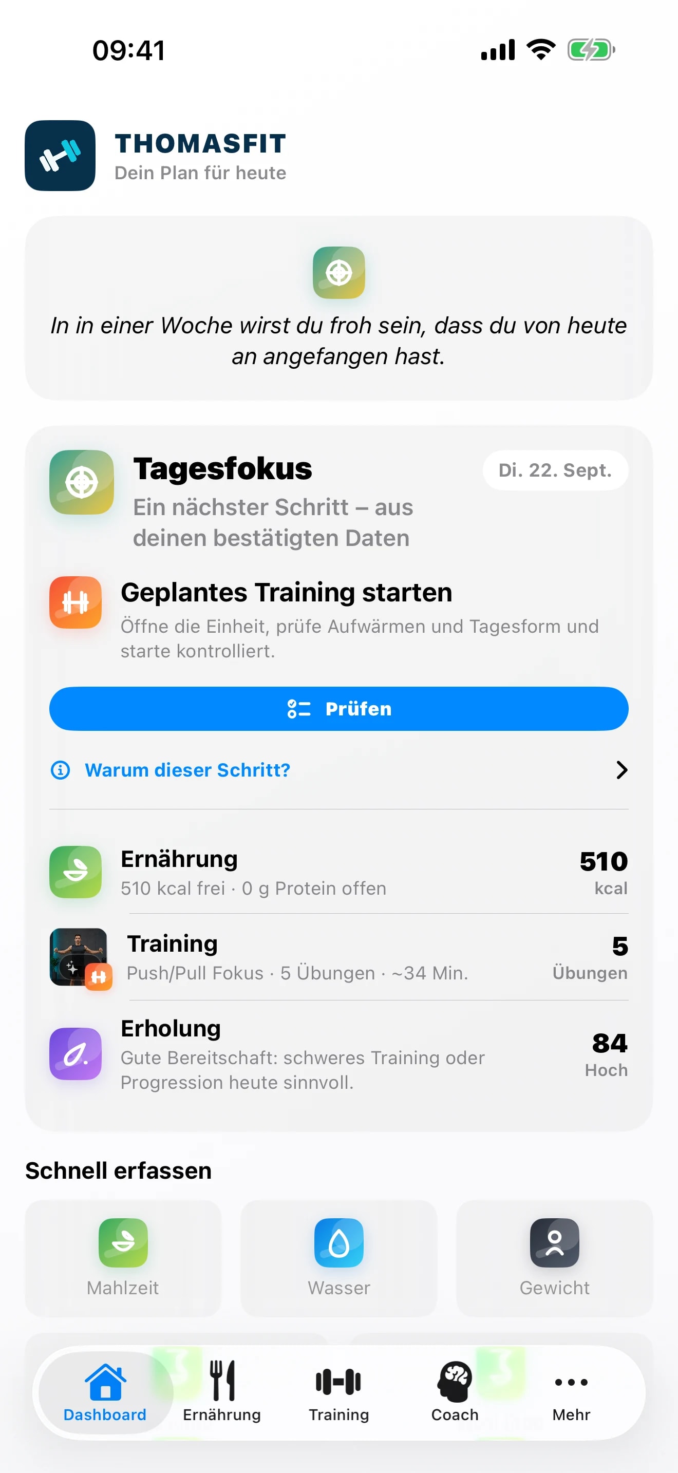 Aktuelles ThomasFit-Dashboard mit Ernährung, Training und Erholung.