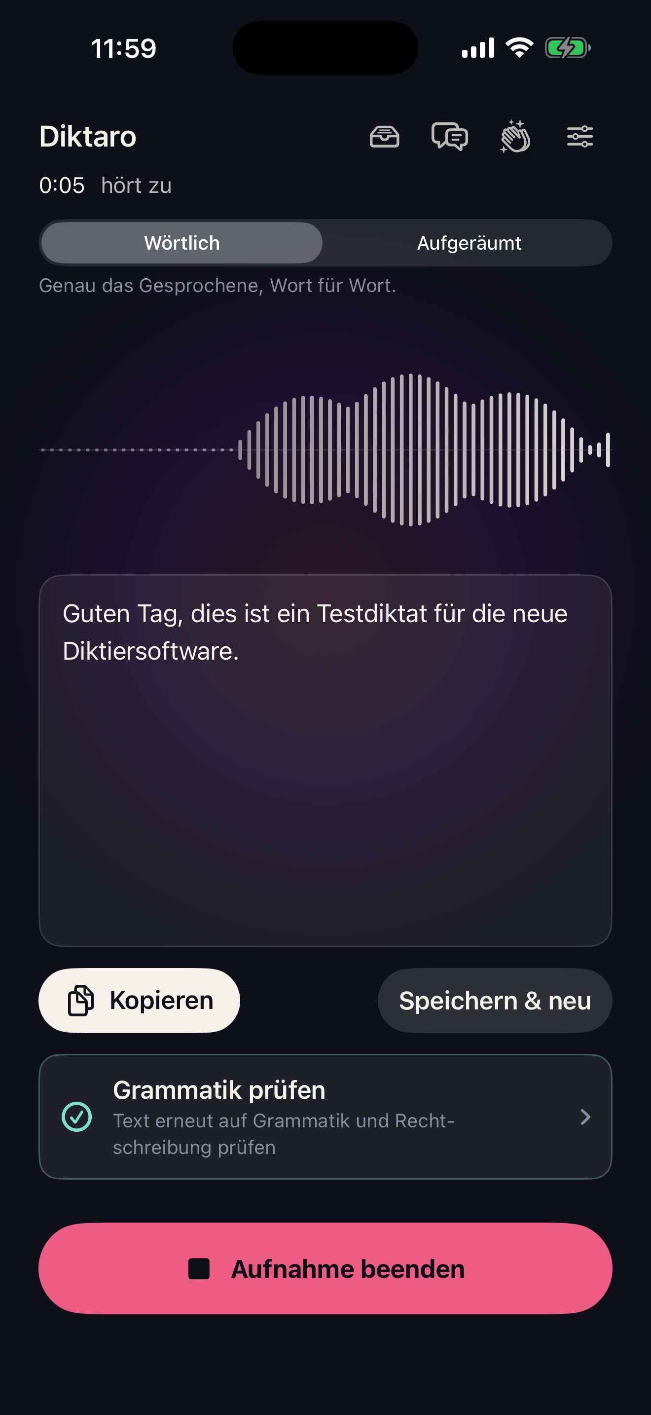Aktuelle Diktaro-Ansicht während einer Aufnahme mit Live-Text.